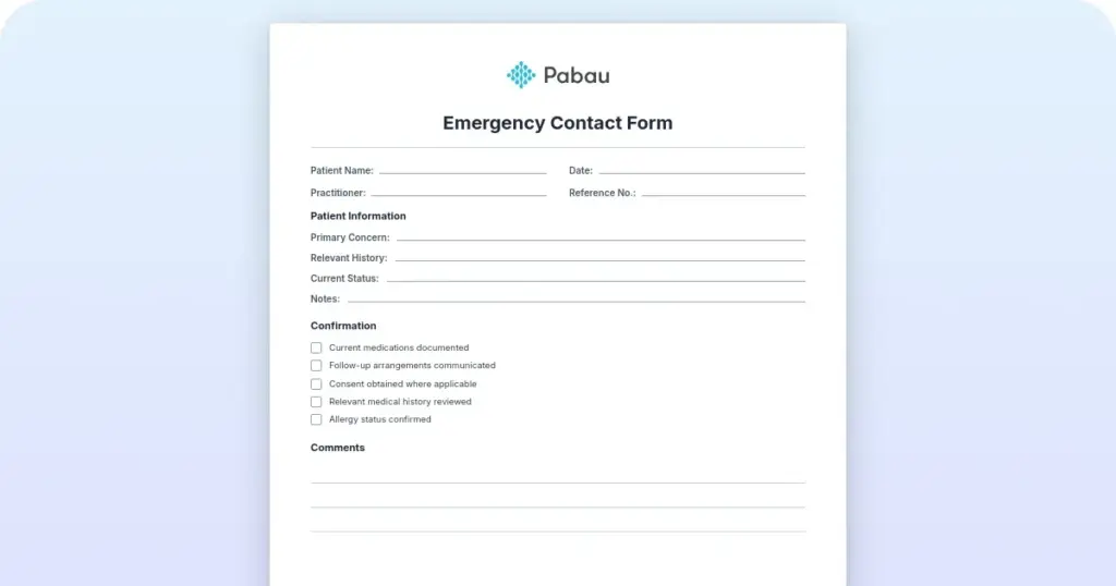Emergency contact form preview from Pabau