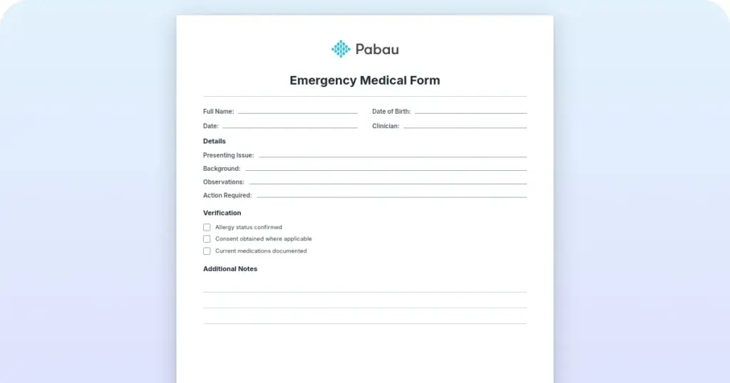 Emergency medical form preview from Pabau