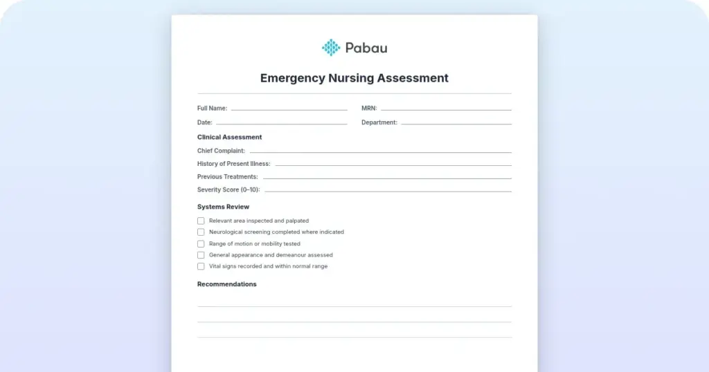 Emergency nursing assessment template: Complete clinical guide preview from Pabau
