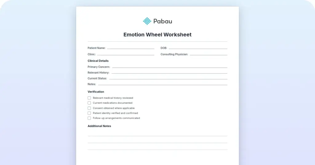 Emotion wheel worksheet: A free template for therapists preview from Pabau