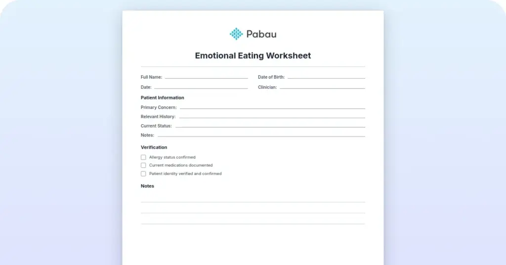 Emotional eating worksheet preview from Pabau