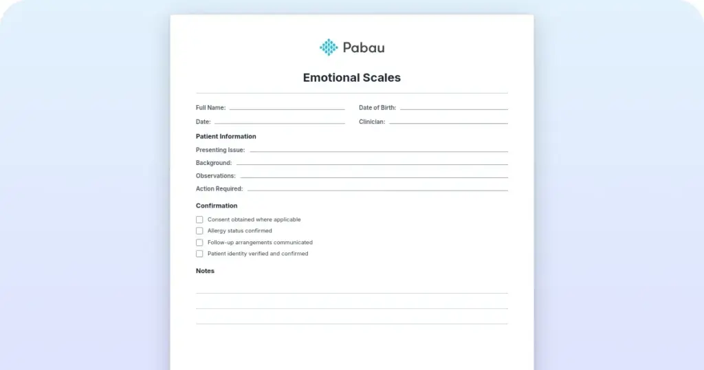 Emotional scales: Types, examples, and a free printable chart preview from Pabau