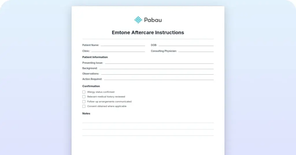 Emtone aftercare instructions for recovery period preview from Pabau
