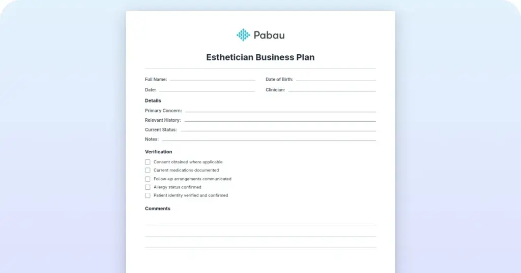 Esthetician business plan template: Free download & guide preview from Pabau