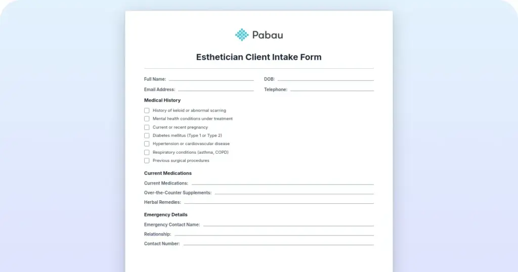 Esthetician client intake form: Free template and guide preview from Pabau