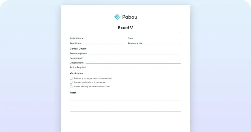 Excel V laser treatment record template preview from Pabau