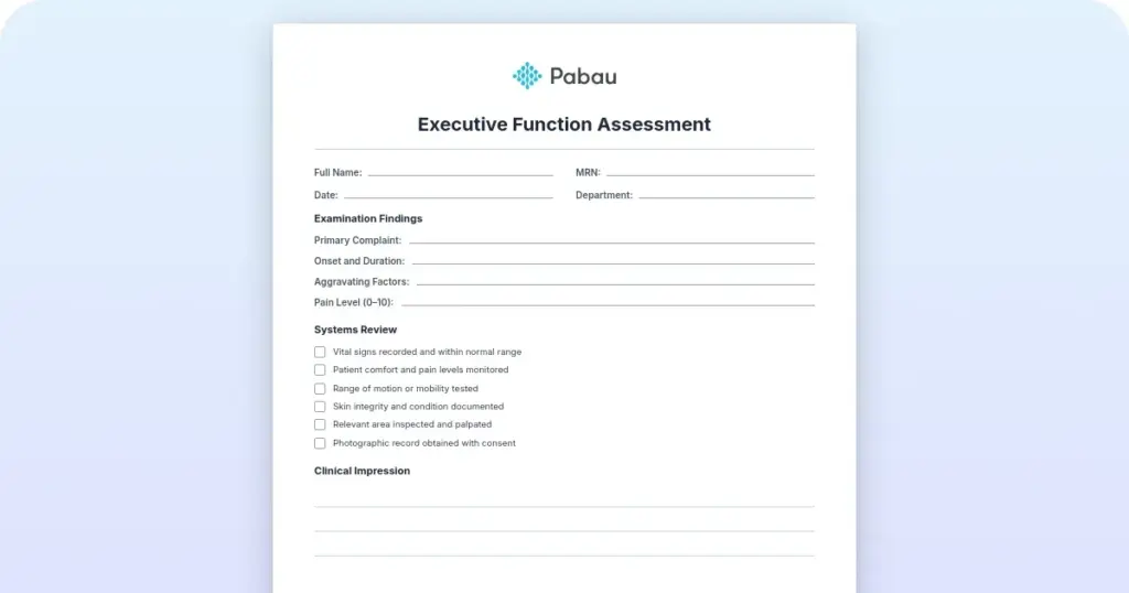 Executive function assessment template for the workplace preview from Pabau