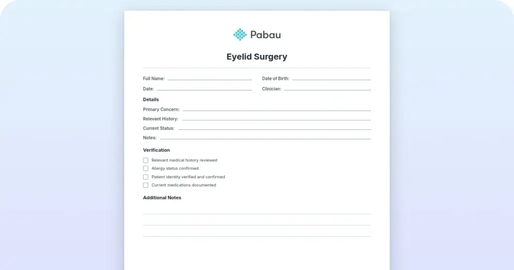 Eyelid surgery (blepharoplasty) consent form template preview from Pabau