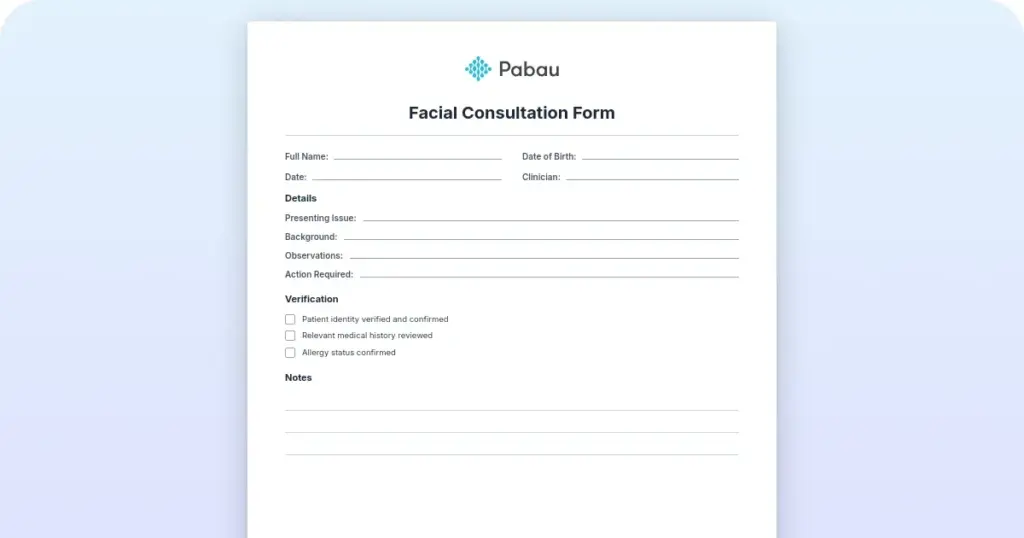 Free facial consultation form template & guide preview from Pabau