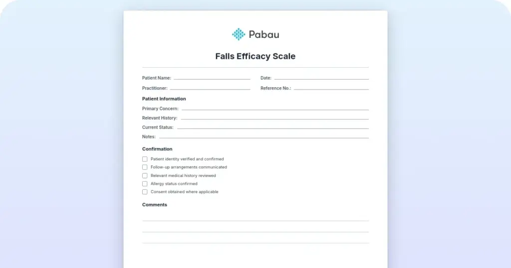 Falls efficacy scale (FES): Clinical assessment tool and free template preview from Pabau