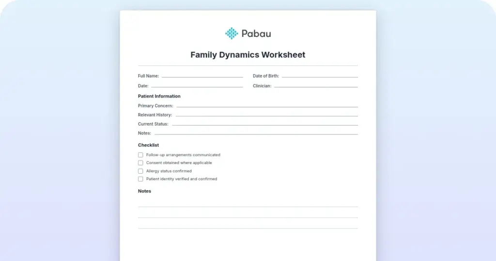 Family dynamics worksheet preview from Pabau
