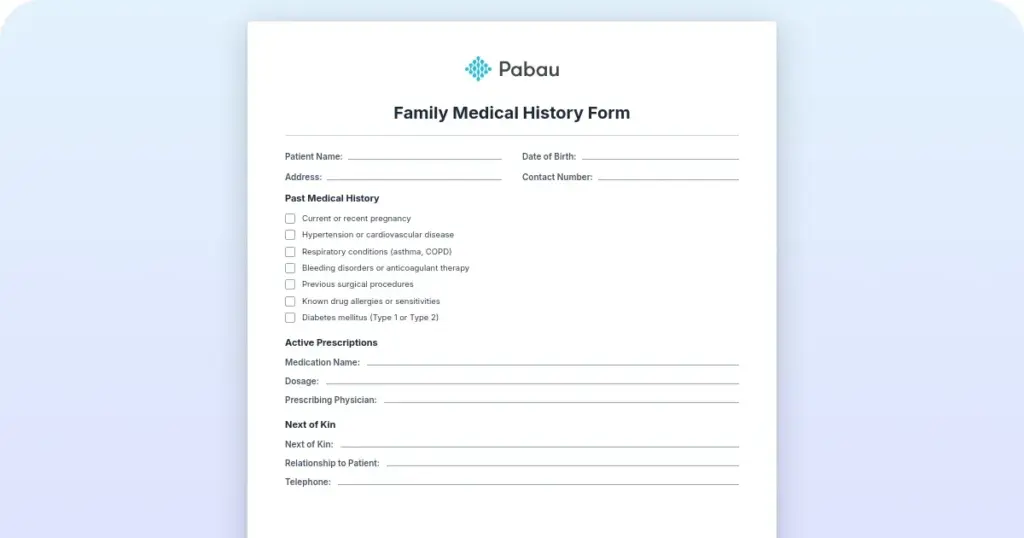 Family medical history form: Free template and what to include preview from Pabau
