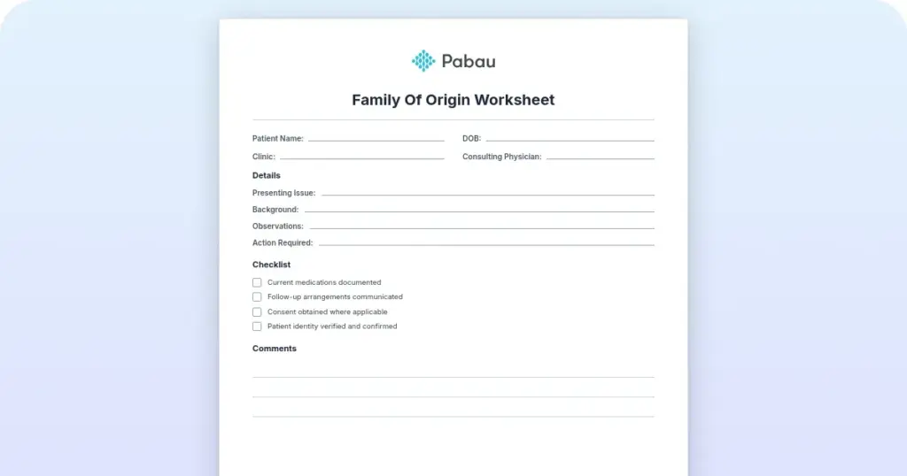 Family of origin worksheet preview from Pabau