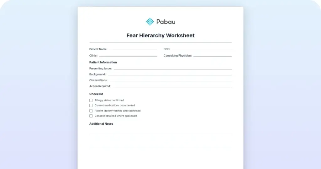 Fear hierarchy worksheet: Free template for exposure therapy preview from Pabau
