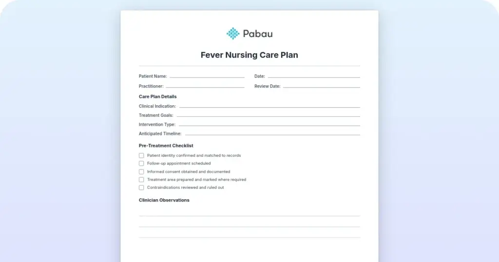 Free fever nursing care plan template & guide preview from Pabau