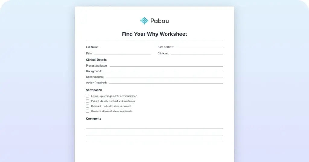 Find your why worksheet: Free PDF and 3-step guide preview from Pabau