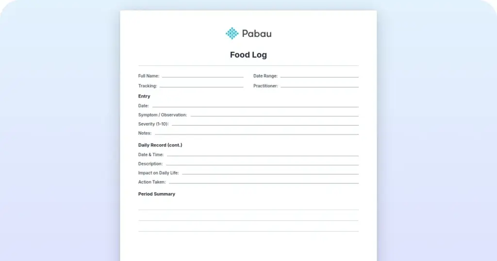 Printable food log template PDF for patients.