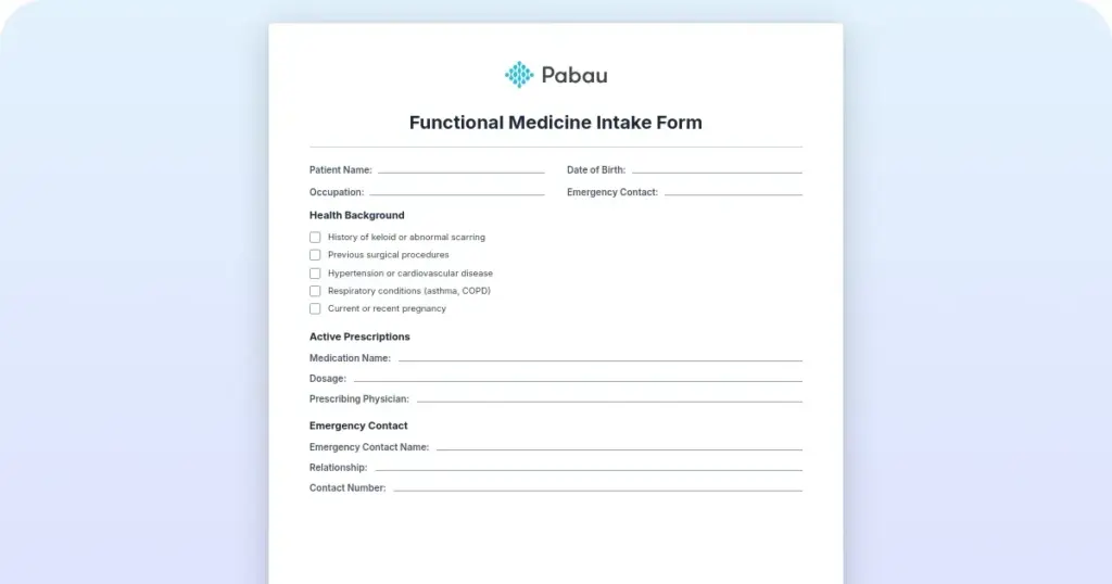 Functional medicine intake form template & guide preview from Pabau