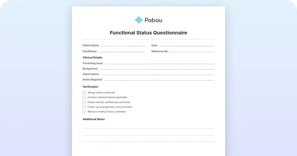 Functional status questionnaire preview from Pabau
