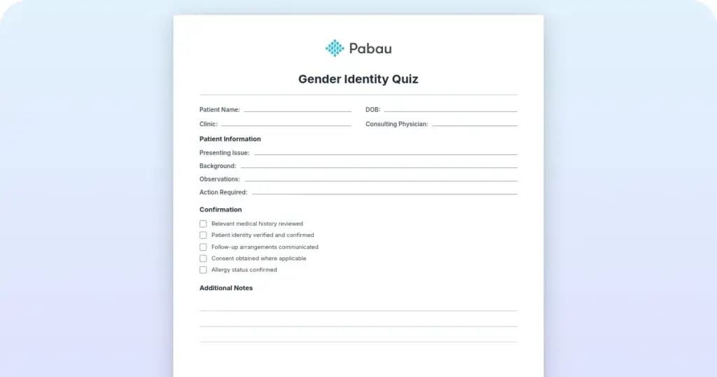 Gender identity quiz template for clinicians