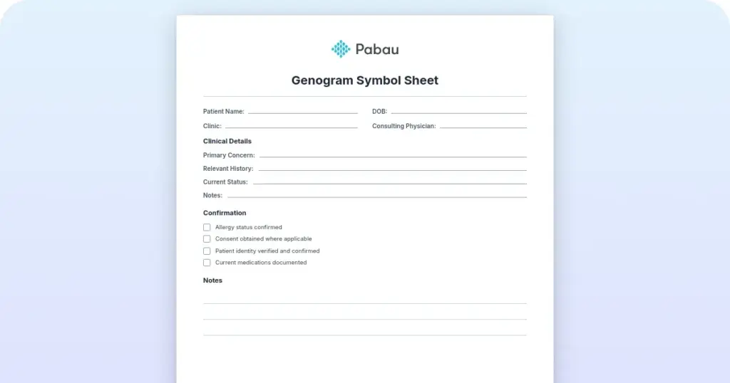 Genogram symbol sheet: Complete reference guide for clinical practice preview from Pabau