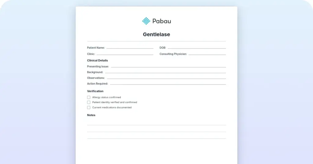 GentleLase treatment protocol and aftercare template preview from Pabau