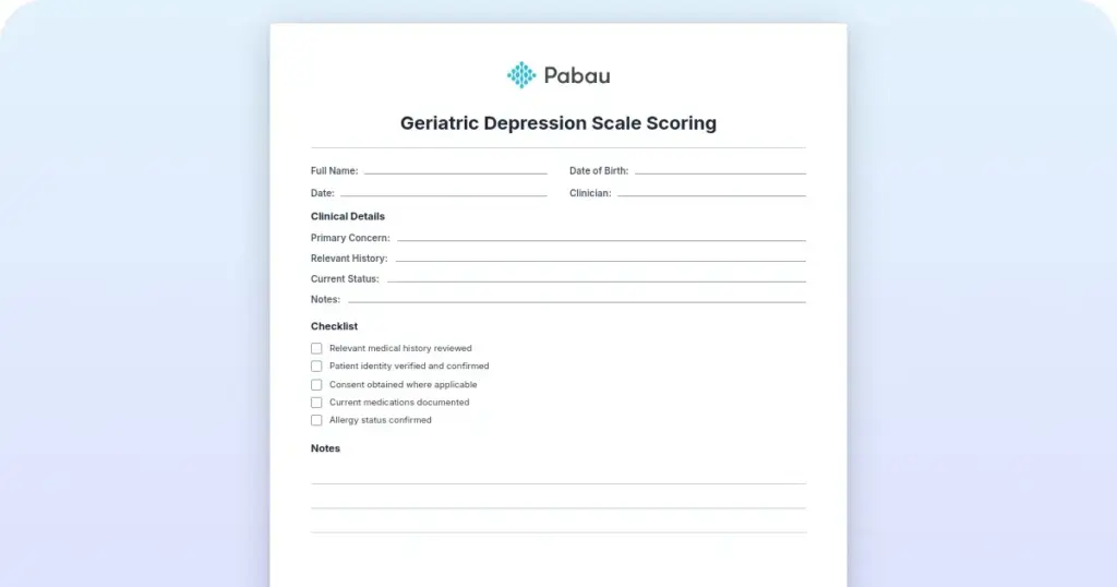 Geriatric Depression Scale Scoring: Free template preview from Pabau