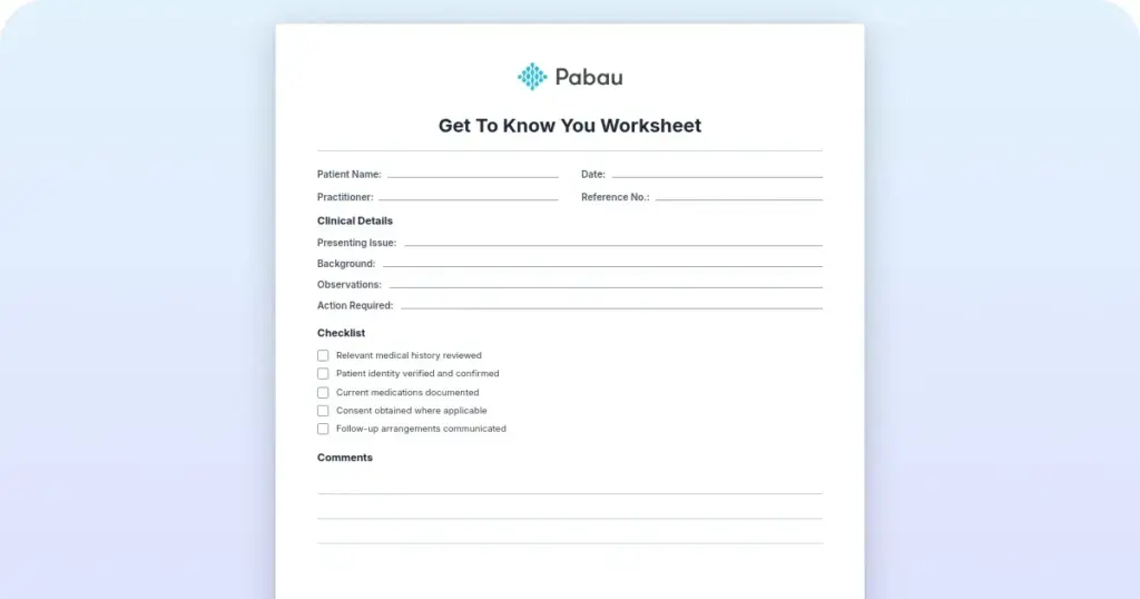 Get to know you worksheet template preview from Pabau