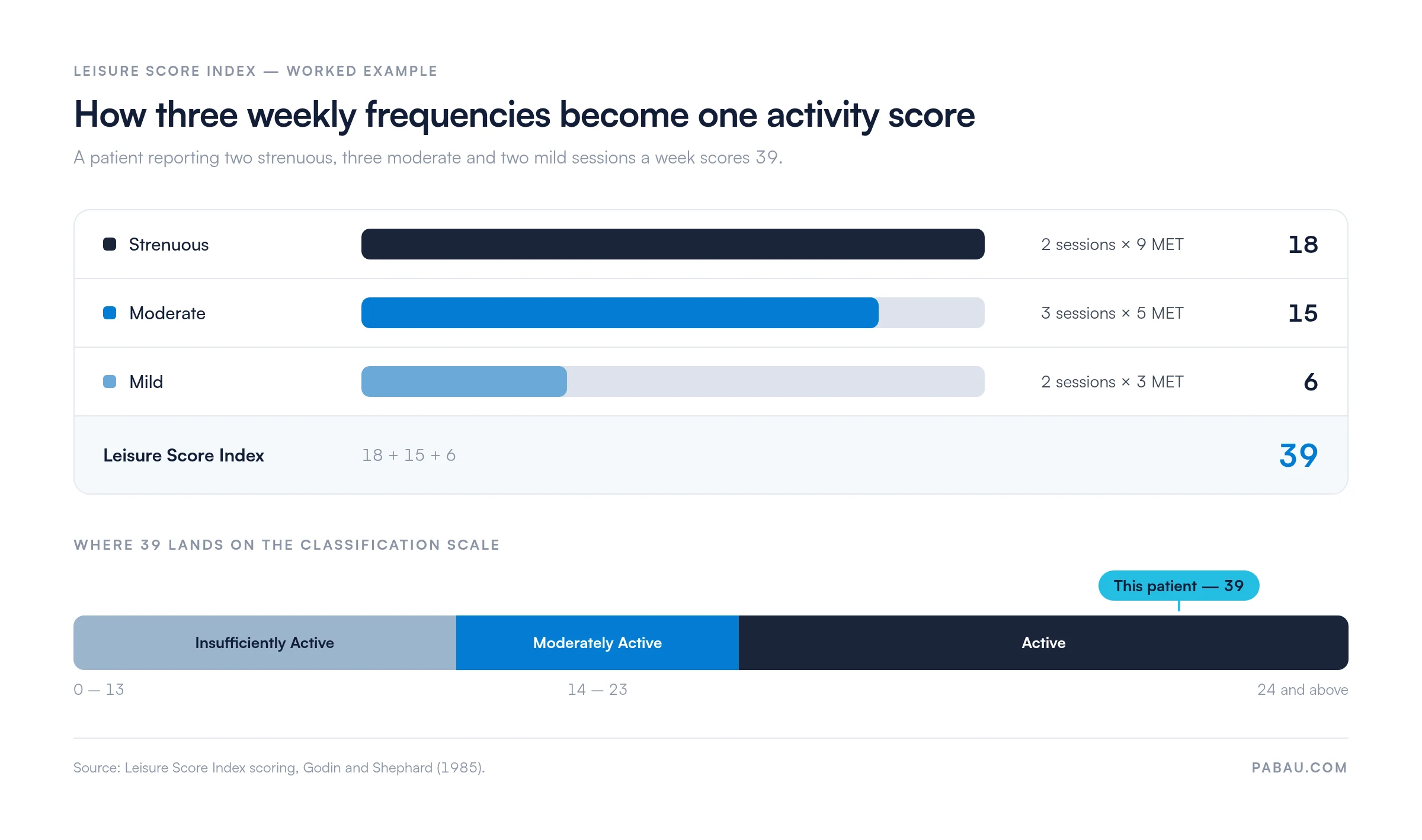 Worked Leisure Score Index example: 2 strenuous sessions x 9 MET = 18, 3 moderate x 5 = 15, 2 mild x 3 = 6, total 39, which falls in the Active band of 24 and above; Moderately Active is 14 to 23 and Insufficiently Active is 0 to 13