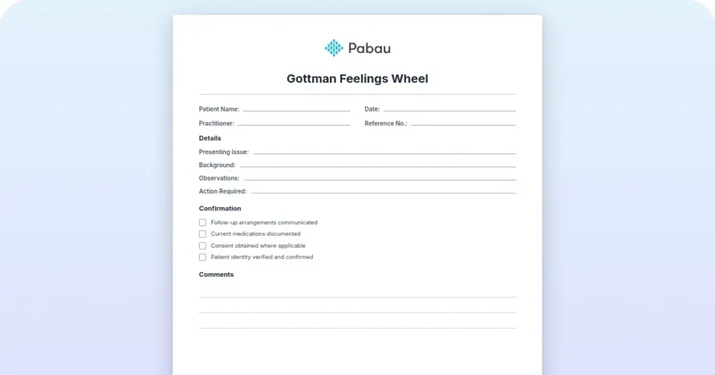 Gottman Feelings Wheel: Free printable template for therapists preview from Pabau