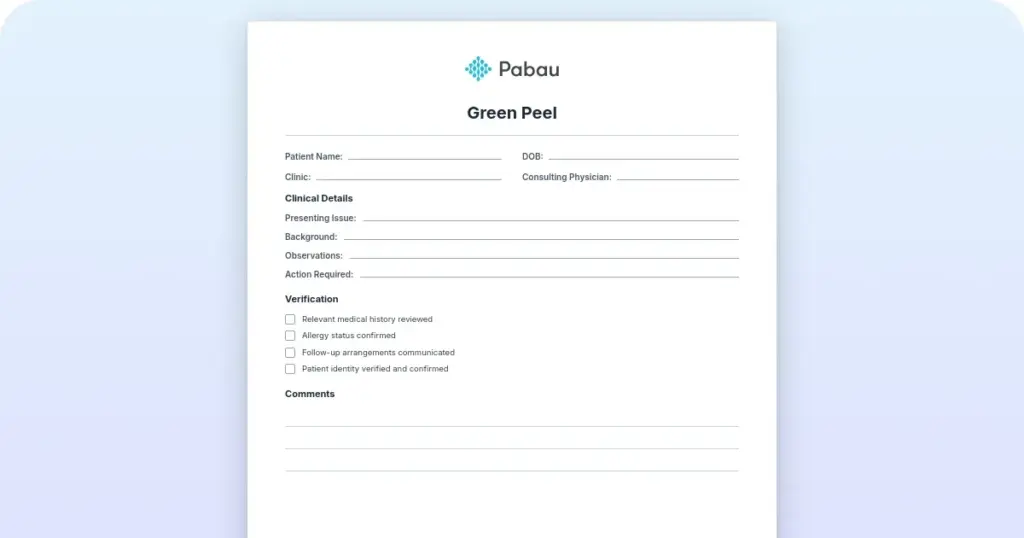 Green peel PDF template preview from Pabau