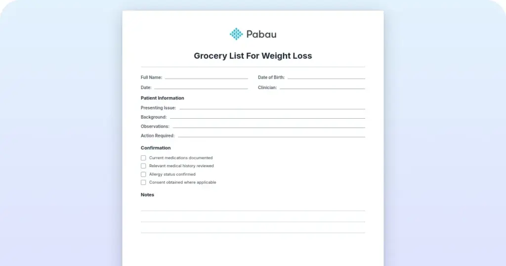 Grocery list for weight loss preview from Pabau