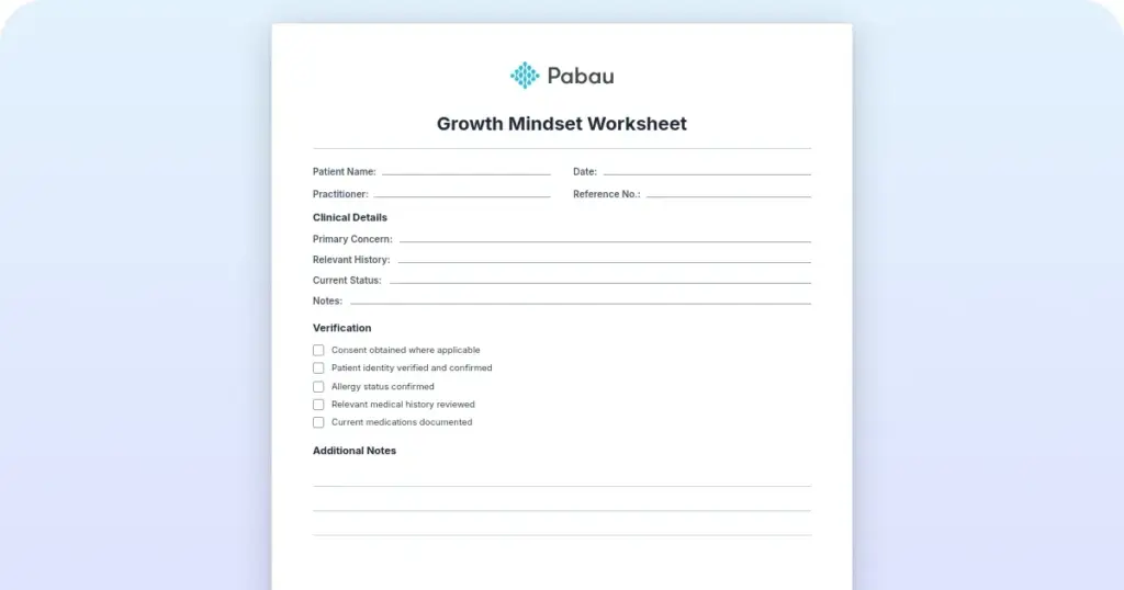 Growth mindset worksheet: Free PDF for therapists and coaches preview from Pabau