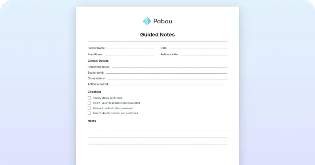 Guided notes template preview: a blank clinical note form with labeled sections for patient information, chief complaint, assessment, plan and patient goals