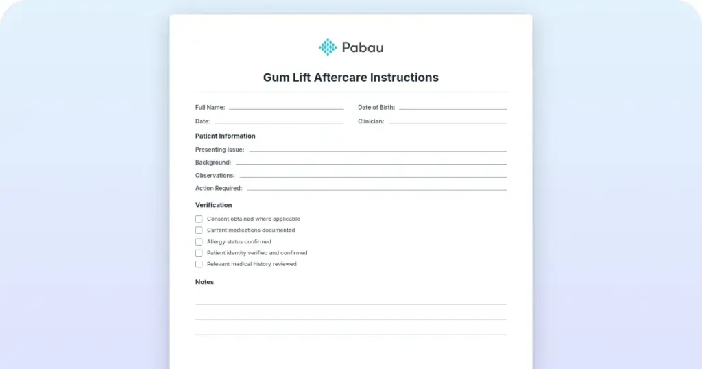 Gum contouring recovery: aftercare instructions and template preview from Pabau