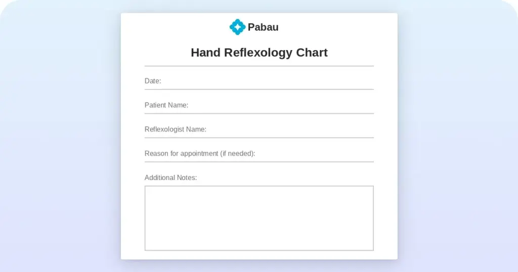Hand reflexology chart session note template with fields for date, patient name, reflexologist name, reason for appointment, and additional notes.