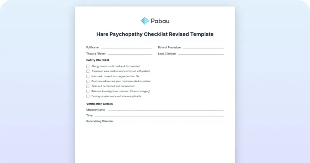 Hare Psychopathy Checklist Revised Template preview from Pabau