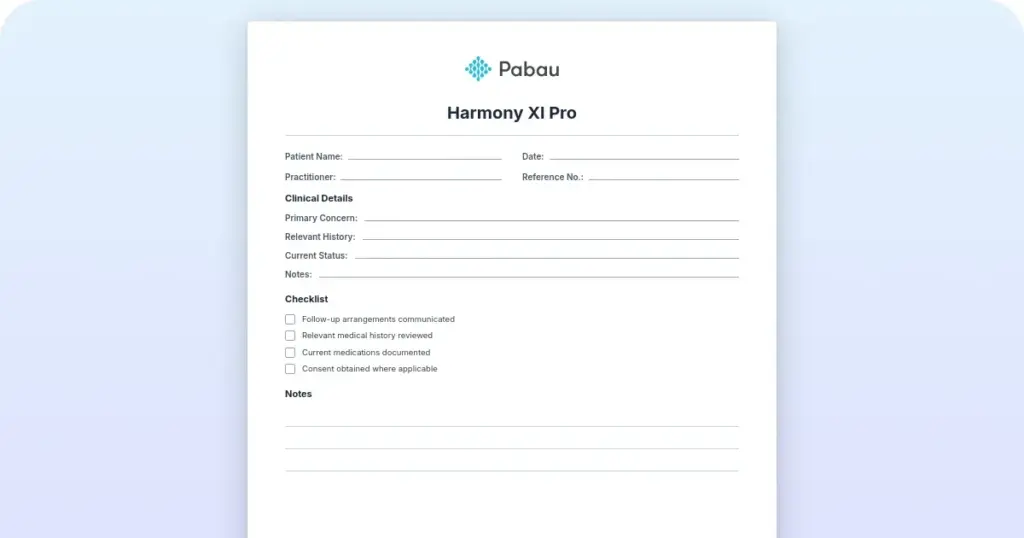 Harmony XL Pro treatment record and consent form template preview from Pabau