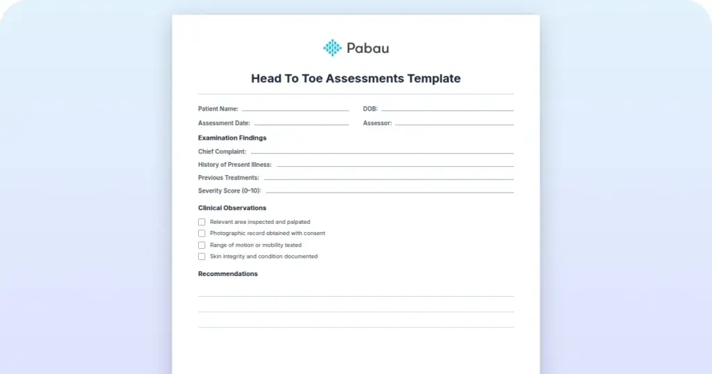 Head To Toe Assessments Template preview from Pabau