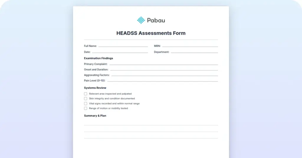 HEADSS Assessments Form preview from Pabau