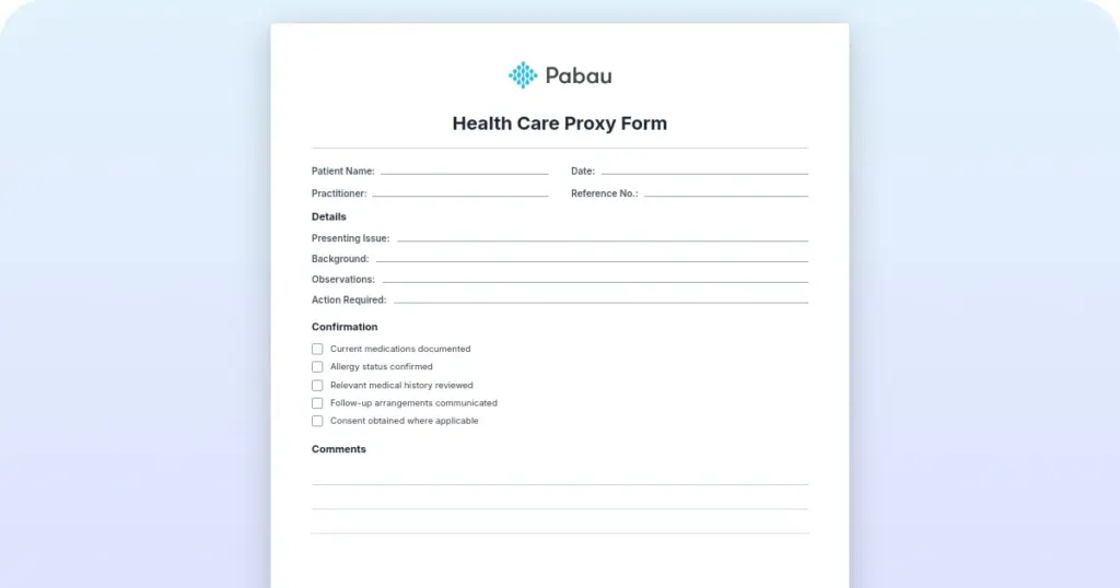 Health care proxy form template, free one-page PDF download from Pabau.