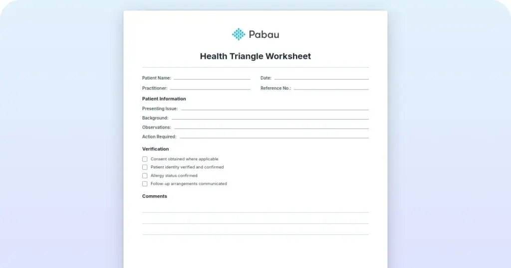 Health triangle worksheet: Free self-assessment and scoring key preview from Pabau