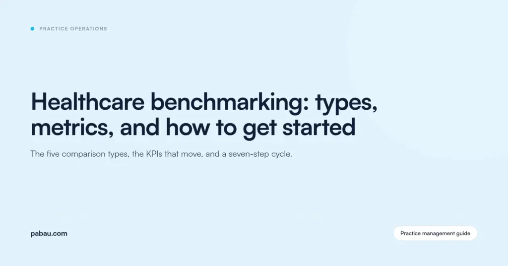 Pabau blog card: healthcare benchmarking, types, metrics, and how to get started