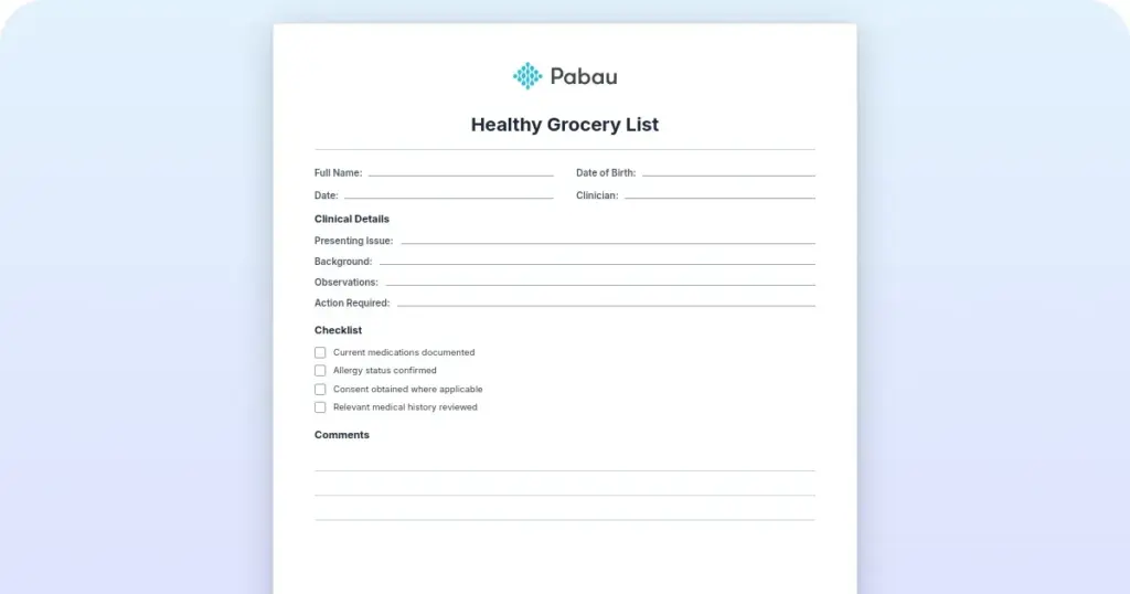 Healthy grocery list preview from Pabau