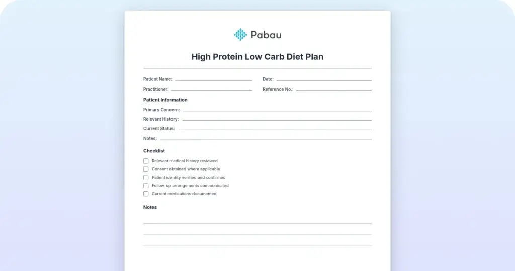 High protein low carb diet plan: A 7-day clinical template preview from Pabau