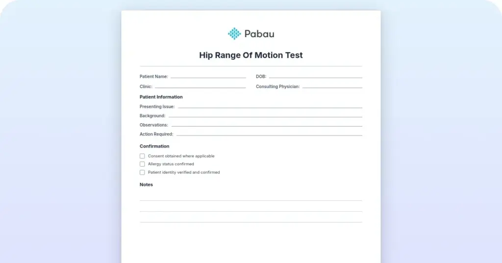 Hip range of motion test preview from Pabau