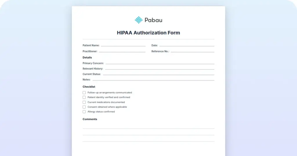 HIPAA Authorization Form preview from Pabau