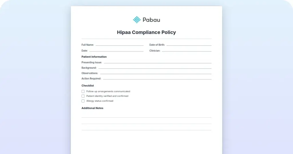 Cover of the free downloadable HIPAA compliance policy outline template from Pabau