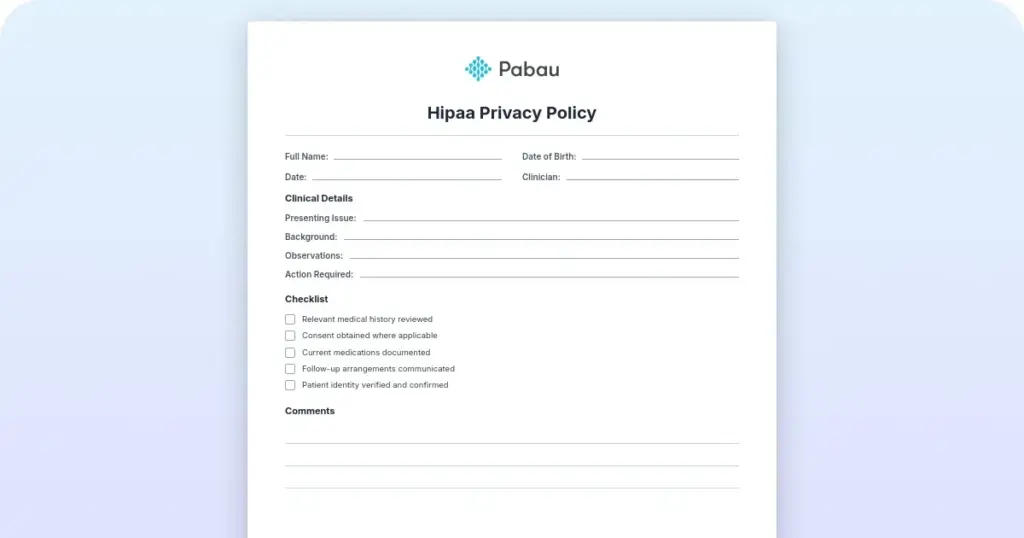 HIPAA privacy policy template preview from Pabau