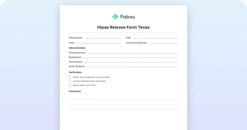 HIPAA release form Texas: Free template and compliance guide preview from Pabau